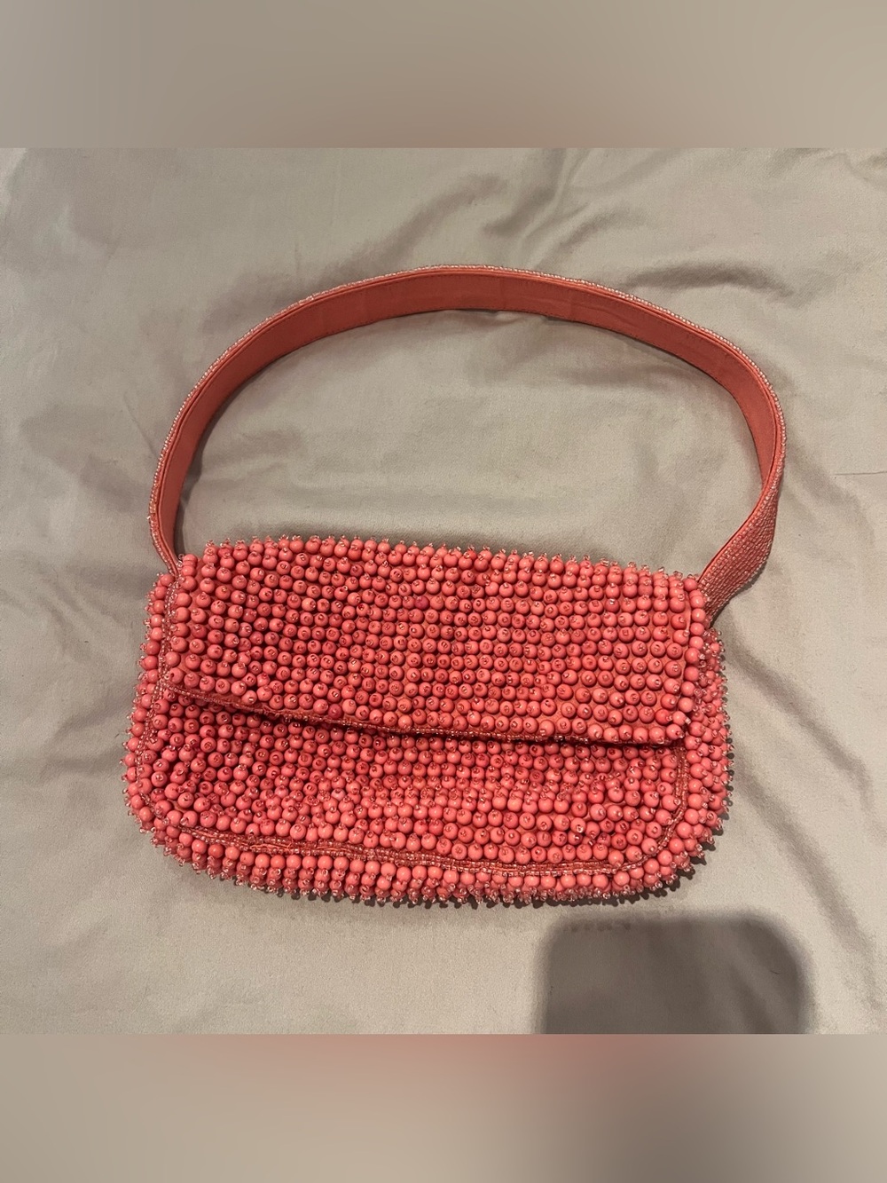 Mango Coral Pink Beaded Baguette Shoulder Bag Purse - Snap Closure